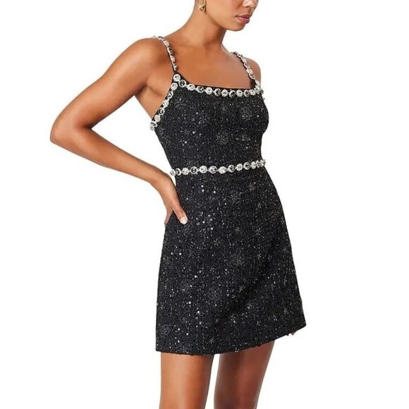 278$ ELLIATT Adeline Rhinestone Embellished Mini Dress Sleeveless Size L Black - Picture 1 of 5